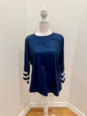 TEMU Navy Blue Varsity White Stripe Long Sleeve Shirt Tee Size Large NWOT